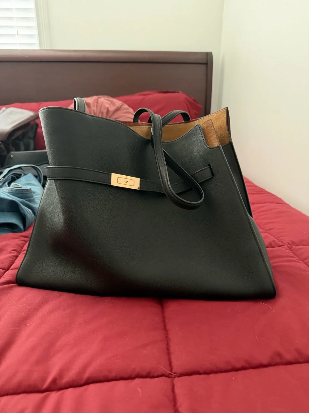 Tory Burch Black Leather Tote with Gold-Tone Toggle